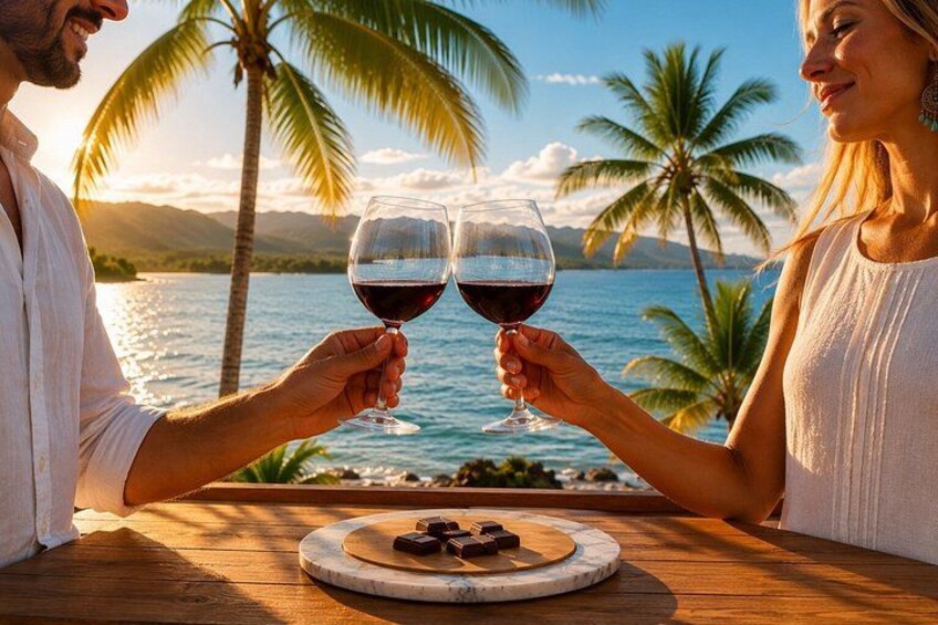 Two people toasting with wine glasses at a wooden table with a plate of chocolates, palm trees, and a body of water in the background. 4