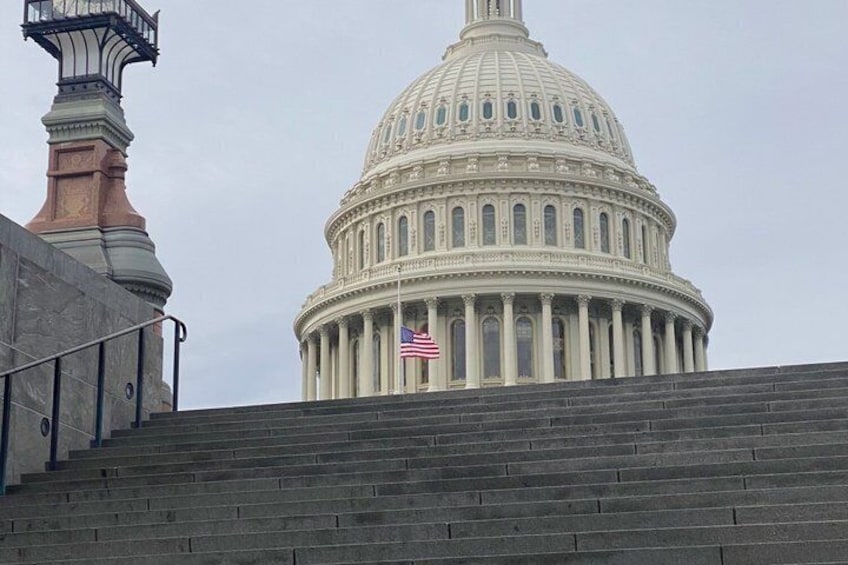 A large domed building with a flag, steps leading up to it, and a tower to the left. 1