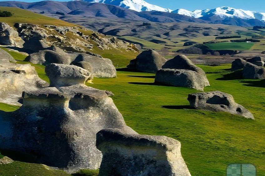 A landscape with large boulders and a grassy field. 3