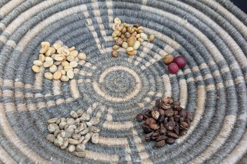 A woven basket with coffee beans of various colors and sizes. 3