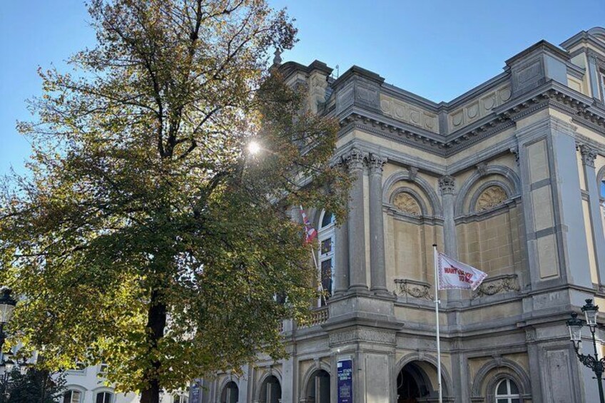 A classical building with ornate architecture, a large tree in the foreground, and a flag on a pole. 3