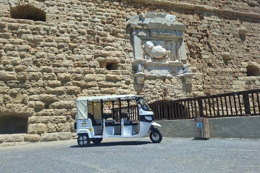A tuk-tuk parked in front of a stone wall with carvings. 1