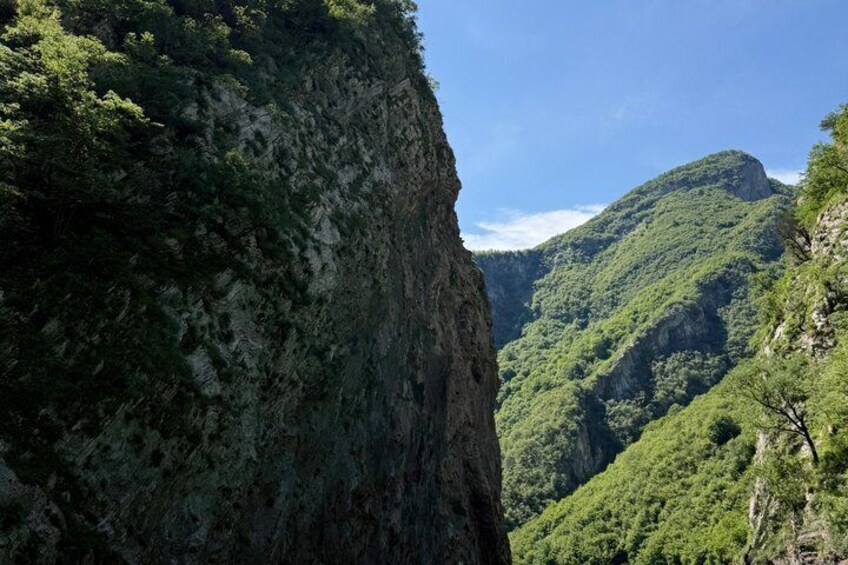 A steep cliff with dense green vegetation and a valley with a mountain in the background. 3