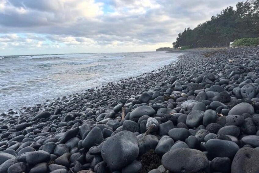 A pebbled beach with a forested cliff in the background. 4