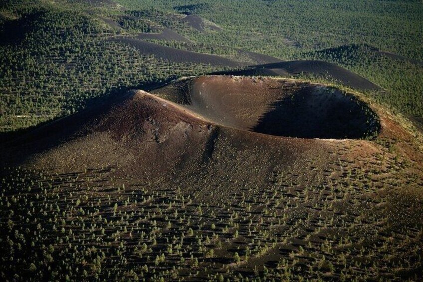 A large open area with scattered trees and a distinct circular depression. 4