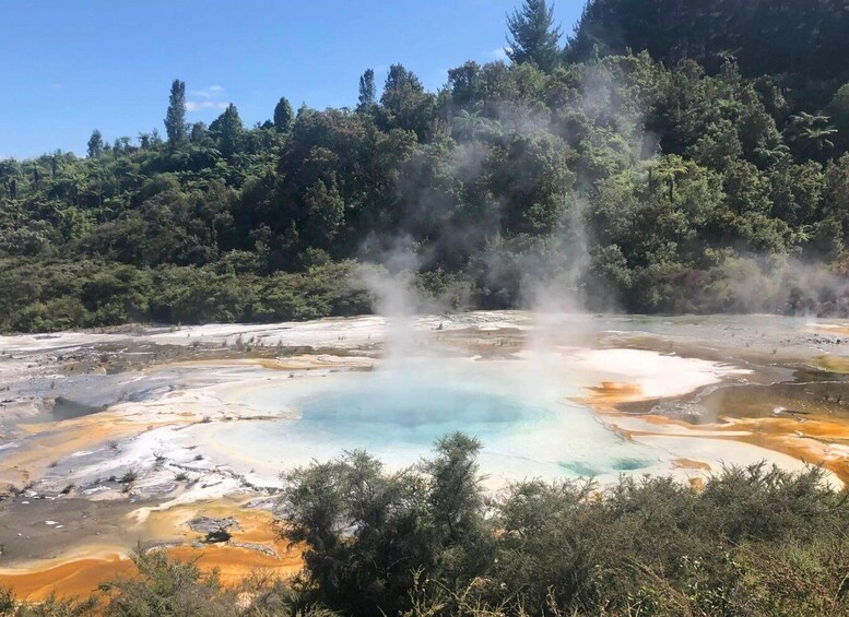 A geothermal area with mineral deposits and steam rising from the ground. 2