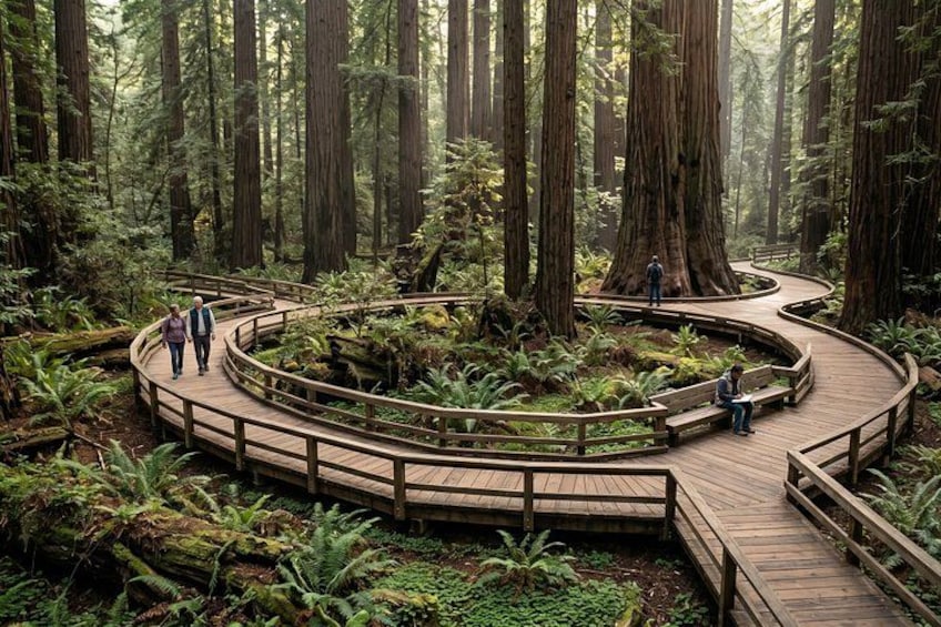 A forest with tall trees, a wooden boardwalk, and people walking. 4