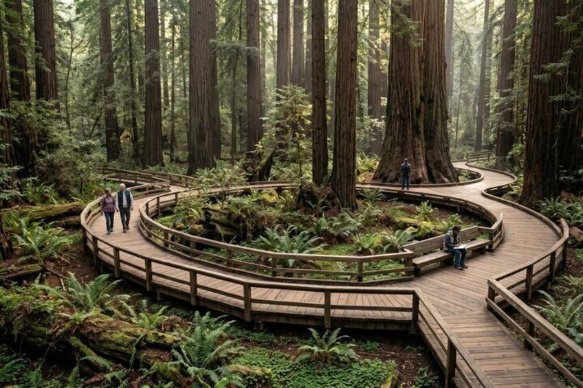 A forested area with a wooden boardwalk curving through it, surrounded by tall trees and ferns. 4