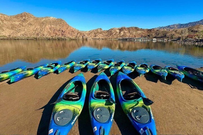 A row of kayaks lined up on a sandy shore with a calm lake and mountains in the background. 1