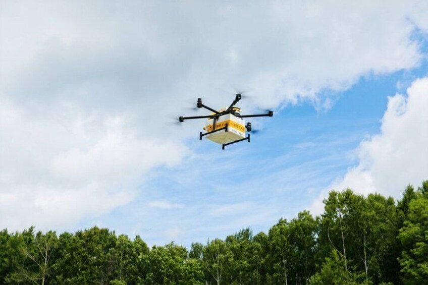 A drone flying over a forested area. 3