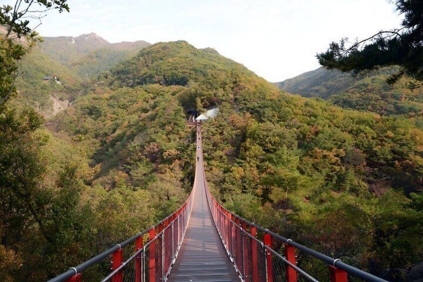 A suspension bridge with red railings, surrounded by dense forest and hills. 2
