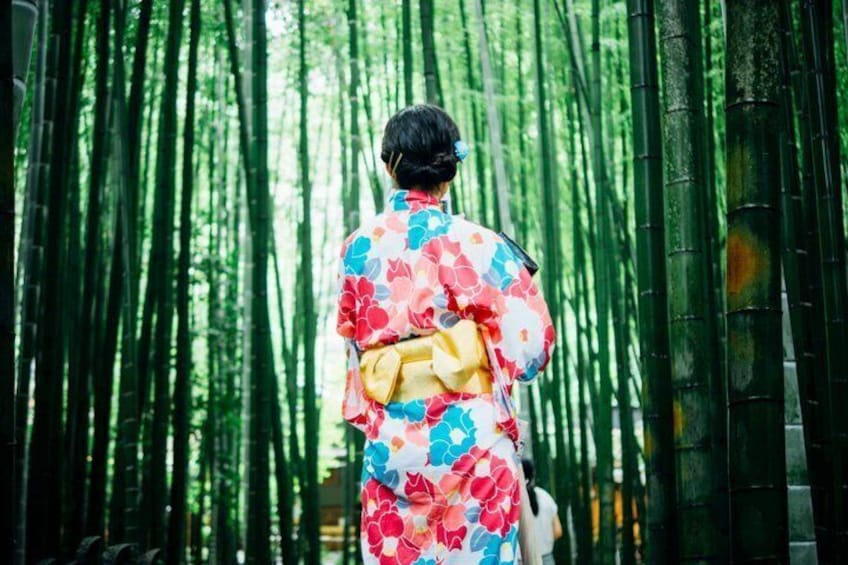 A person in a colorful kimono walking through a bamboo forest. 4