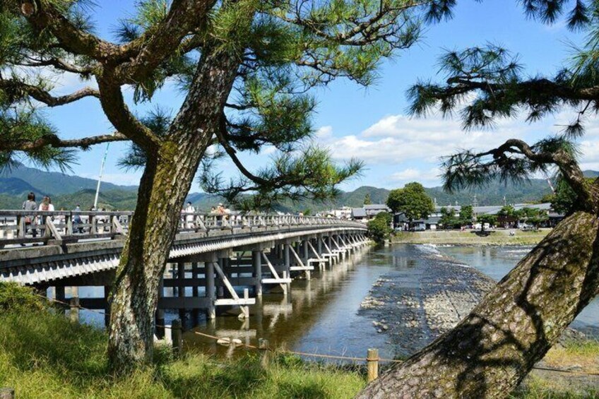 A wooden bridge over a river with people walking on it, surrounded by trees and hills in the background. 3
