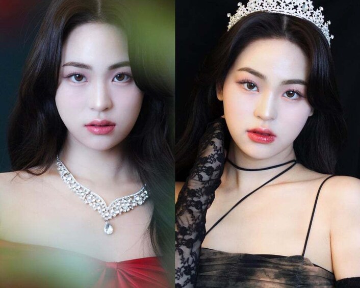 A person wearing a tiara and a necklace. 3