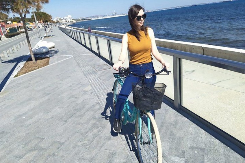 A woman riding a bicycle along a waterfront promenade with a metal railing and a clear view of the sea. 5