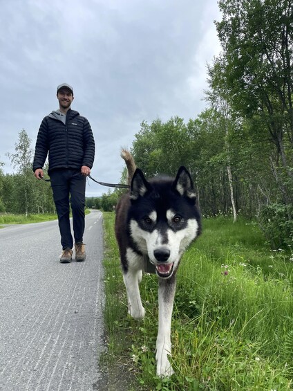 A person walking a husky on a paved path with grass on the sides, surrounded by trees. 4