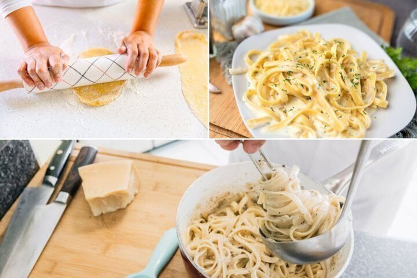 A person rolling dough, a plate of pasta, and a bowl of pasta being served. 1