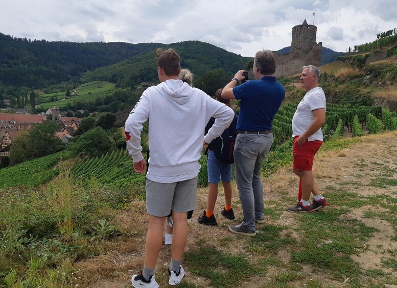 A group of people standing on a hillside overlooking a castle and vineyards. 1