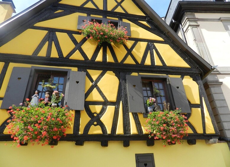A yellow half-timbered house with black beams and shutters, adorned with flower boxes containing pink flowers. 2