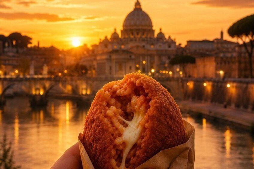 A fried food item with a dipping sauce, held in front of a sunset over a cityscape with a prominent dome structure. 3