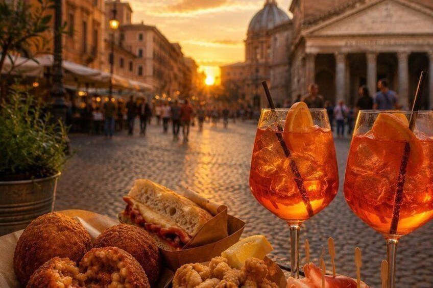 A cobblestone street at sunset with a historic building in the background, a basket of fried dough, and two glasses of iced drink with lemon slices. 1