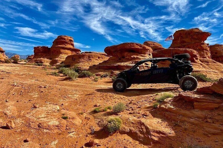 A black off-road vehicle with 'Can Am' branding in a desert landscape with red rock formations and a clear blue sky. 5