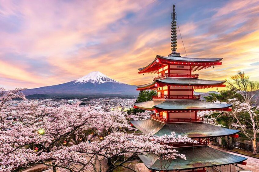 A pagoda with a snow-capped mountain in the background. 2