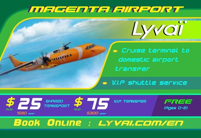 An airplane at Magenta Airport Lyvai with pricing for shared transport and VIP transfer services. 1