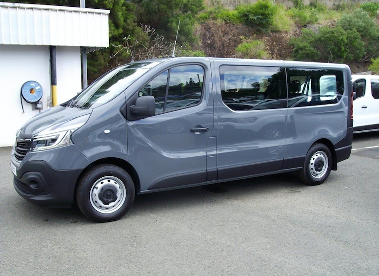 A gray van parked in a lot with a white building and trees in the background. 2