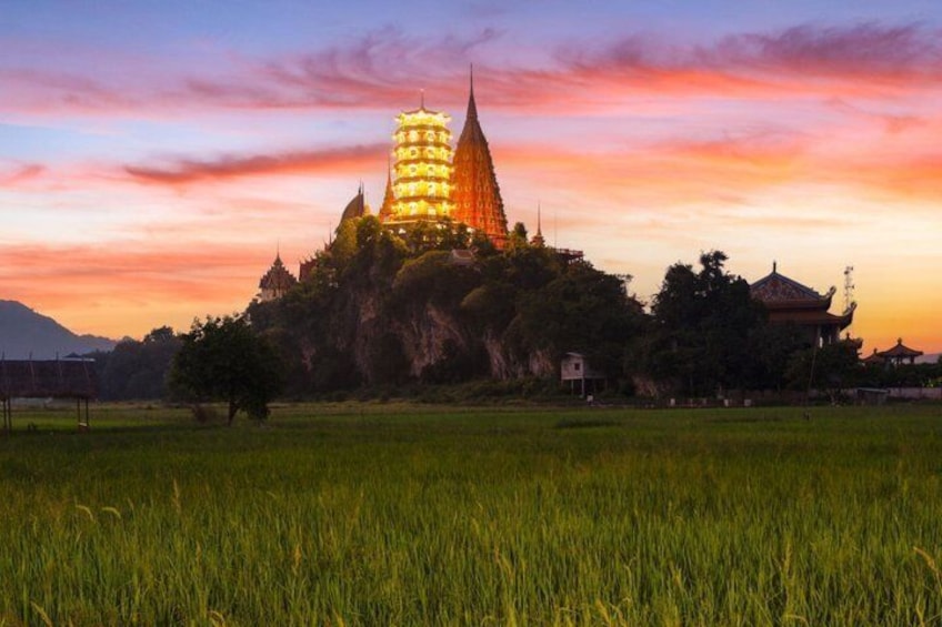 A pagoda with multiple tiers, surrounded by a grassy field and trees, under a sunset sky. 5
