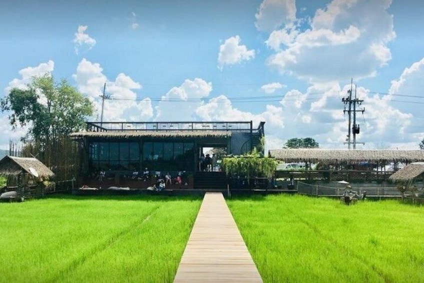 A building with a thatched roof, a wooden walkway, and a green field. 2
