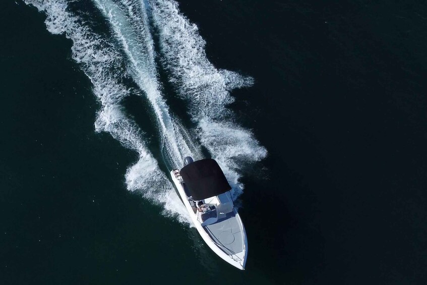 A speedboat creating a wake in the water. 4