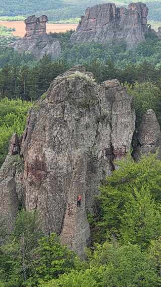 A person rock climbing a large, rugged rock formation surrounded by dense forest. 5