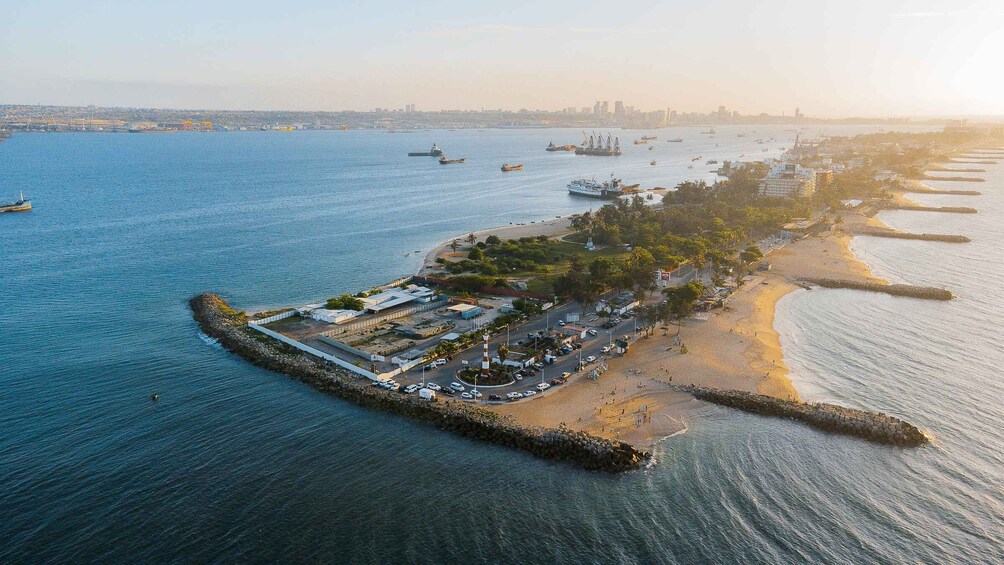 An aerial view of a coastal area with a peninsula, a marina, and a city skyline in the background. 5