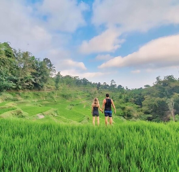 Two people walking on a grassy hill with a view of terraced fields and trees in the background. 1