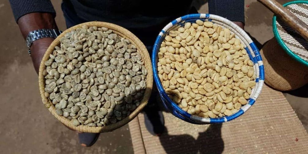 Two baskets of coffee beans, one with darker beans and the other with lighter beans. 5