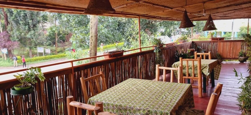 An outdoor restaurant with wooden tables and chairs, surrounded by greenery and a view of a road. 4