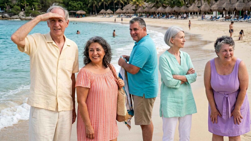 A group of people standing on a beach with palm trees and thatched umbrellas in the background. 2