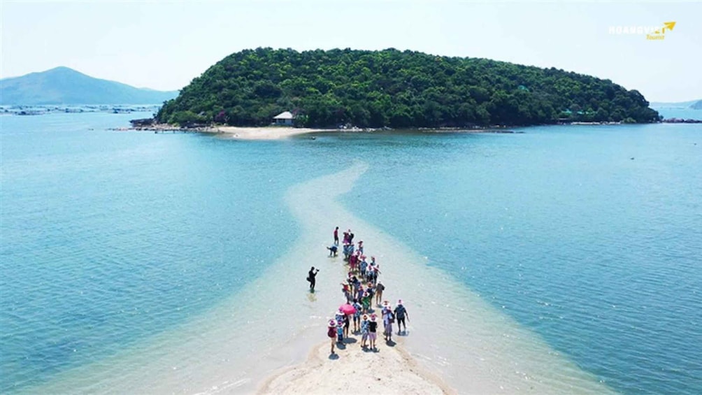A group of people on a beach with a small island in the background. 4