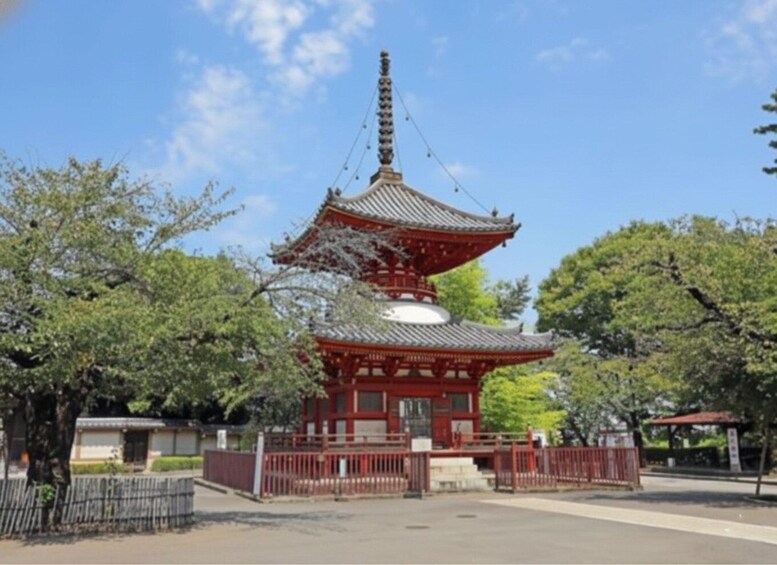 A traditional Japanese pagoda with a red and white color scheme, surrounded by trees and a fenced area. 3