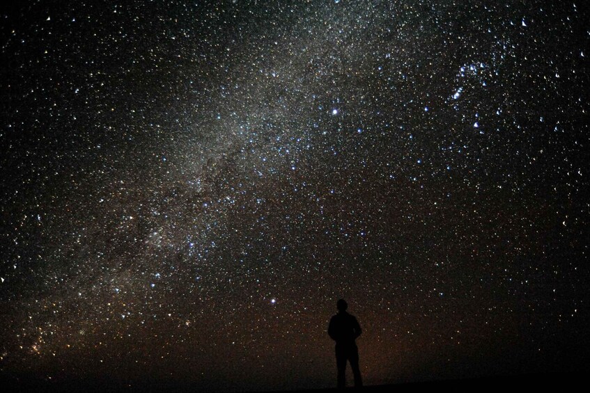 A person standing under a starry night sky. 5