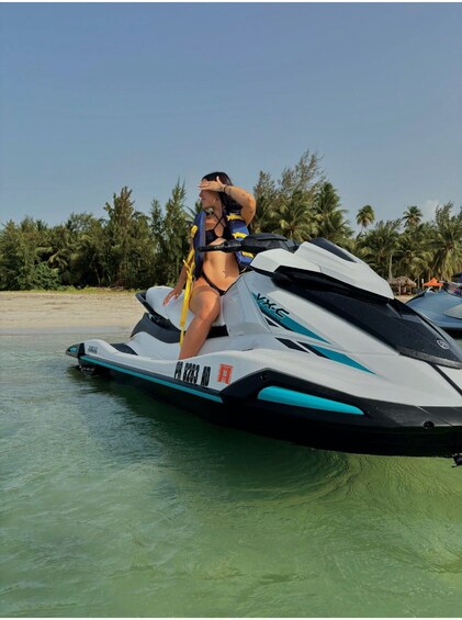 A person on a jet ski with a tropical beach and palm trees in the background. 1