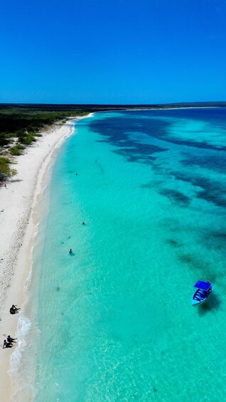 A beach with clear turquoise waters, a boat, and people on the shore. 3