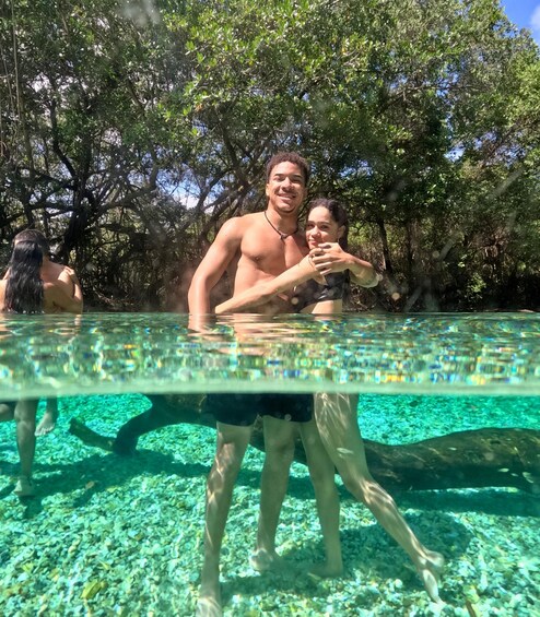 Two people in a clear water pool with a tropical tree background. 2