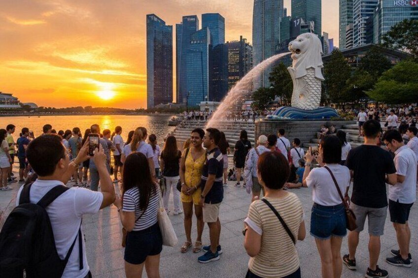 A crowded waterfront with a statue and a sunset. 2