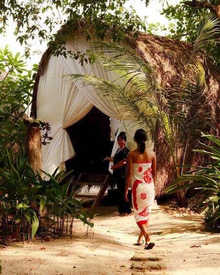 A pathway leading to a thatched-roof structure with white drapes, surrounded by tropical vegetation. 5