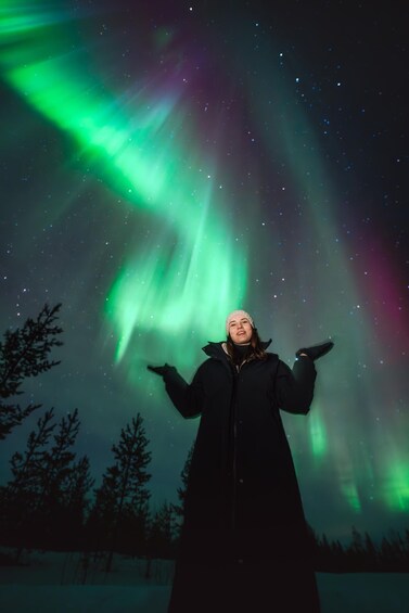 Une personne, debout, les bras levés, se dresse devant un ciel nocturne illuminé par des aurores boréales vertes. 5