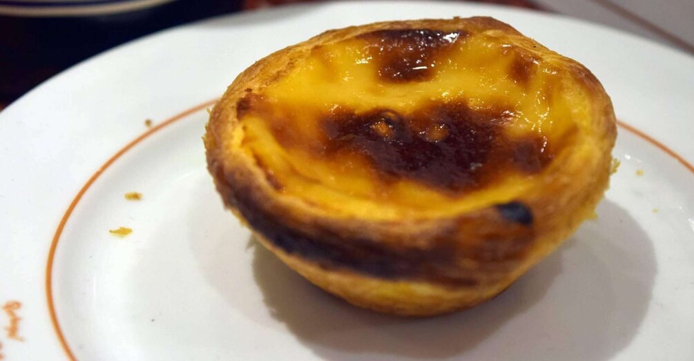A single Portuguese egg tart on a white plate with a brown rim. 5