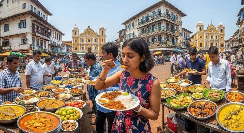 A bustling outdoor market with various food stalls and people dining. 4