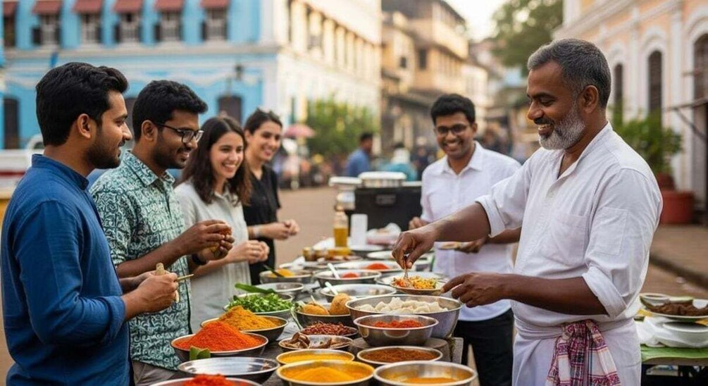 A street food vendor serving a variety of dishes to a group of people. 1